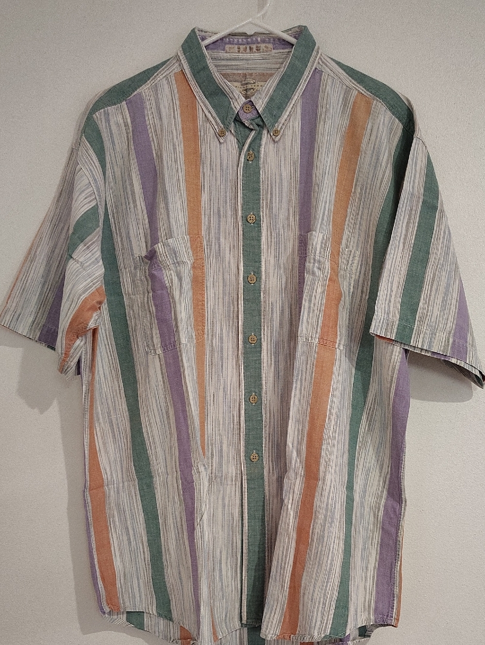 Striped Short-Sleeve Button-Down Shirt - Green, Orange & Purple